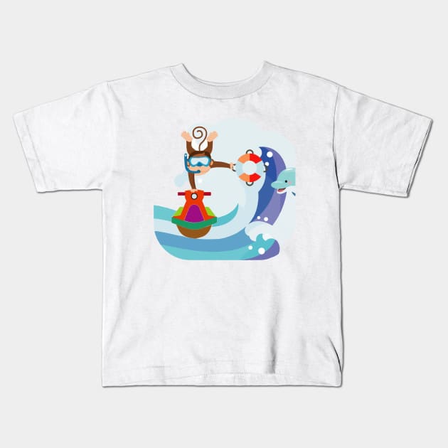 Fun monkey doing stunts on a jet ski, finding a dolphin surfing a wave Kids T-Shirt by Ideas Design